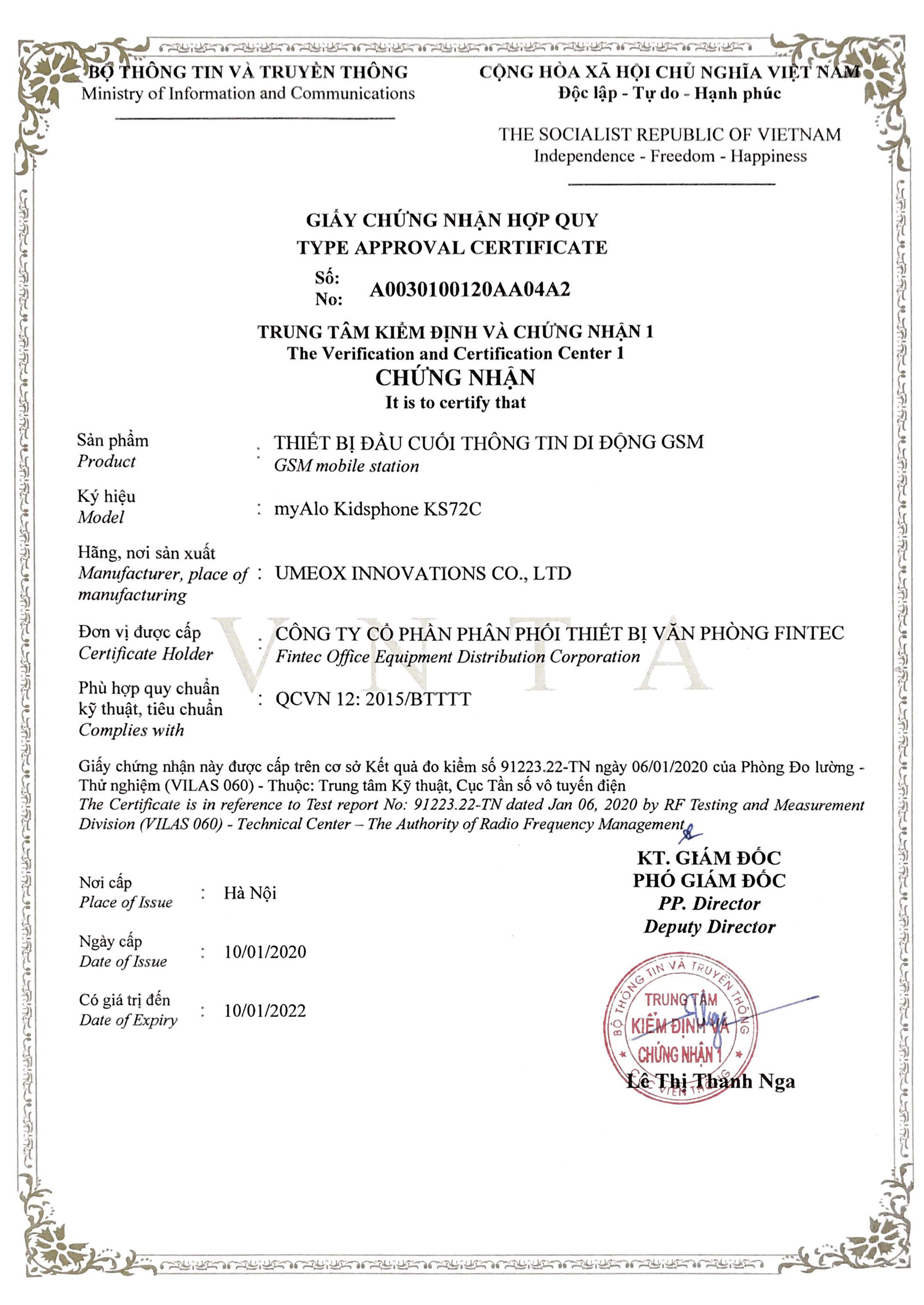Đồng hồ định vị trẻ em myAlo KS72C - Chứng nhận hợp quy Quy chuẩn Việt Nam QCVN12:2015/BTTT