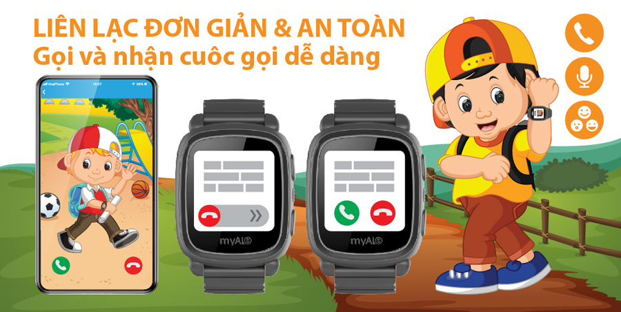 Đồng hồ định vị trẻ em myAlo (đồng hồ thông minh trẻ em) cho phép trẻ dễ dàng liên lạc 2 chiều với cha mẹ, người thân và bạn bè bằng cuộc gọi thoại 