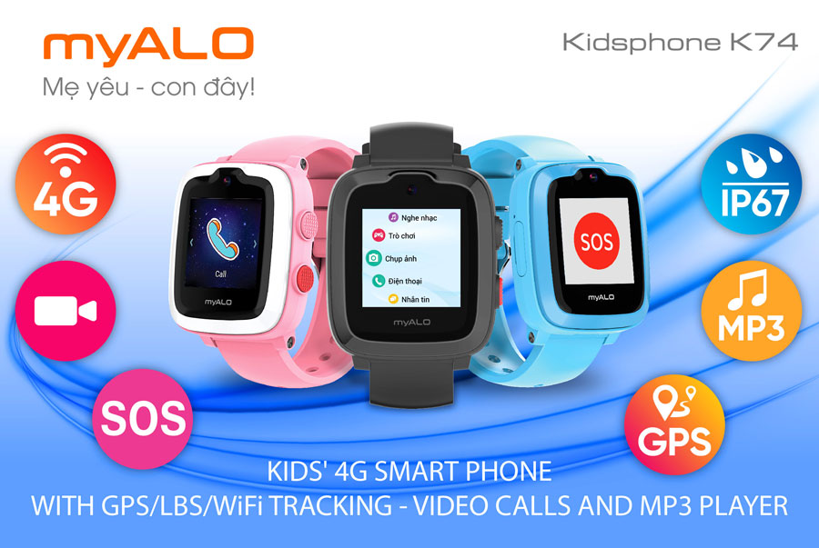 đồng hồ định vị trẻ em, đồng hồ thông minh trẻ em myALO K74 là điện thoại thông minh android 4G thu nhỏ đeo trên tay trẻ