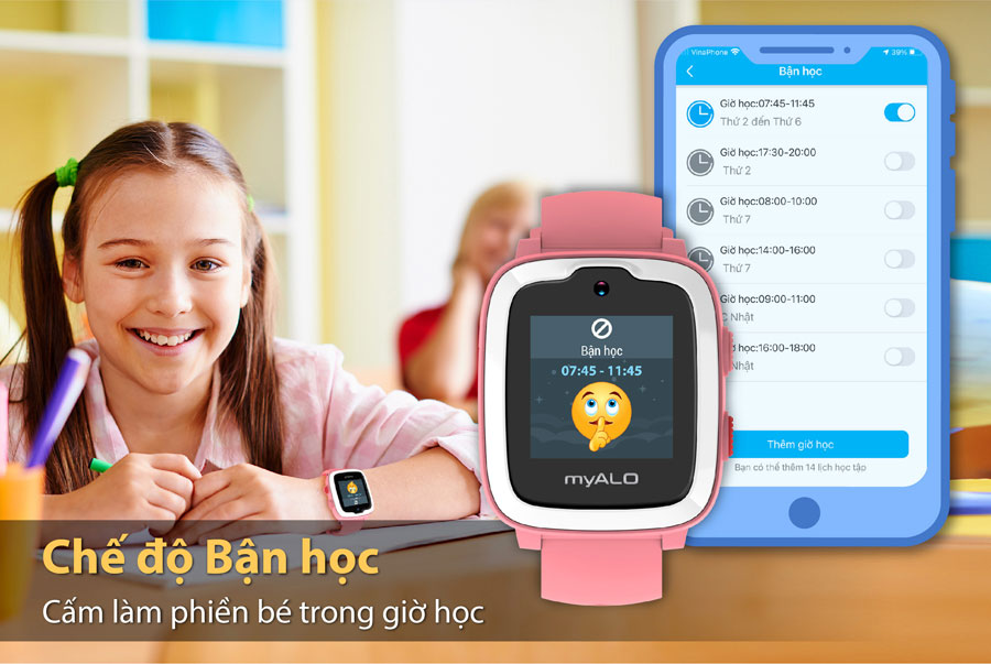 Đồng hồ thông minh trẻ em, đồng hồ định vị trẻ em myALO K74 cho phép thiết lập 5 lịch bận học để cấm làm phiền trẻ trong giờ học.