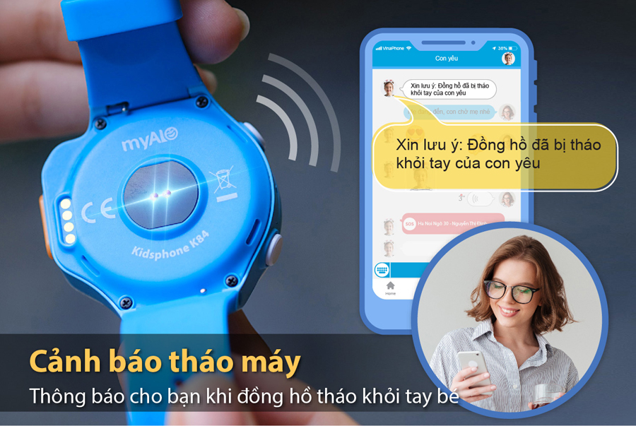 đồng hồ định vị trẻ em, đồng hồ thông minh trẻ em myALO K84 được tích hợp sensor cảm biến tháo máy, khi bạn kích hoạt chức năng này, nó sẽ gửi tin cảnh báo đến cho bạn khi phát hiện trẻ tháo đồng hồ ra khỏi tay.