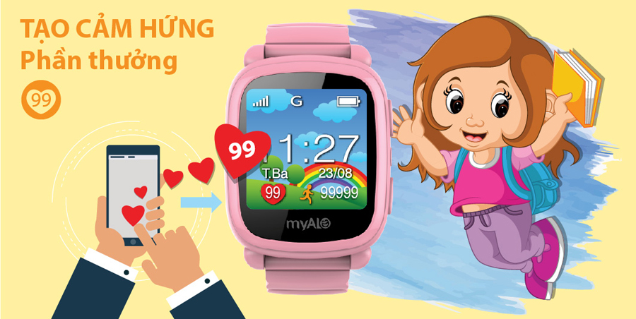 Đồng hồ định vị trẻ em myAlo (đồng hồ thông minh trẻ em) có chức năng tích điểm thưởng trái tim, mang đến cho trẻ niềm cảm hứng trong học tập, rèn luyện và vui chơi