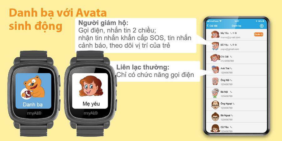 Đồng hồ định vị trẻ em myAlo (đồng hồ thông minh trẻ em) cho phép bố mẹ dễ dàng thiết lập và quản lý danh bạ liên lạc với số lượng không hạn chế