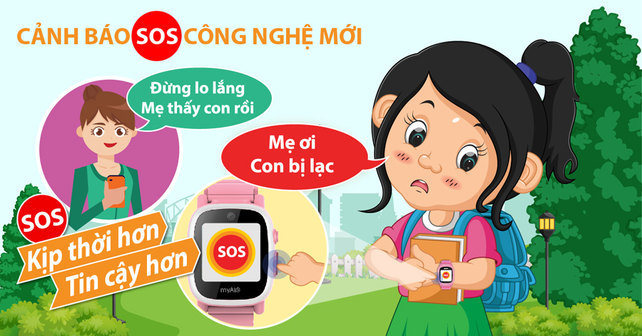 Nút khẩn cấp SOS công nghệ mới trên đồng hồ định vị trẻ em myAlo (đồng hồ thông minh trẻ em) sử dụng công nghệ phát cảnh báo khẩn cấp qua ứng dụng, giúp trẻ gửi tin báo khẩn cấp SOS cho bố mẹ và người thân kịp thời hơn