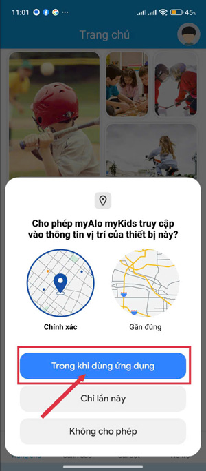 Cài đặt quyền cho ứng dụng myAlo myKids trên điện thoại Android