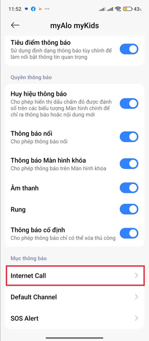 Cài đặt quyền cho ứng dụng myAlo myKids trên điện thoại Android