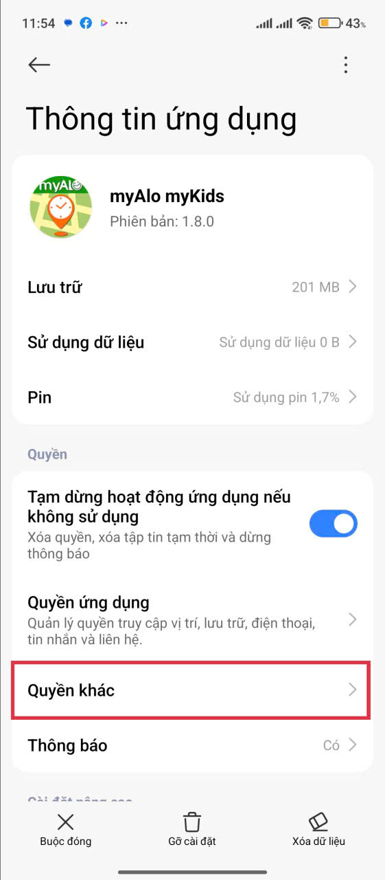 Cài đặt quyền cho ứng dụng myAlo myKids trên điện thoại Android