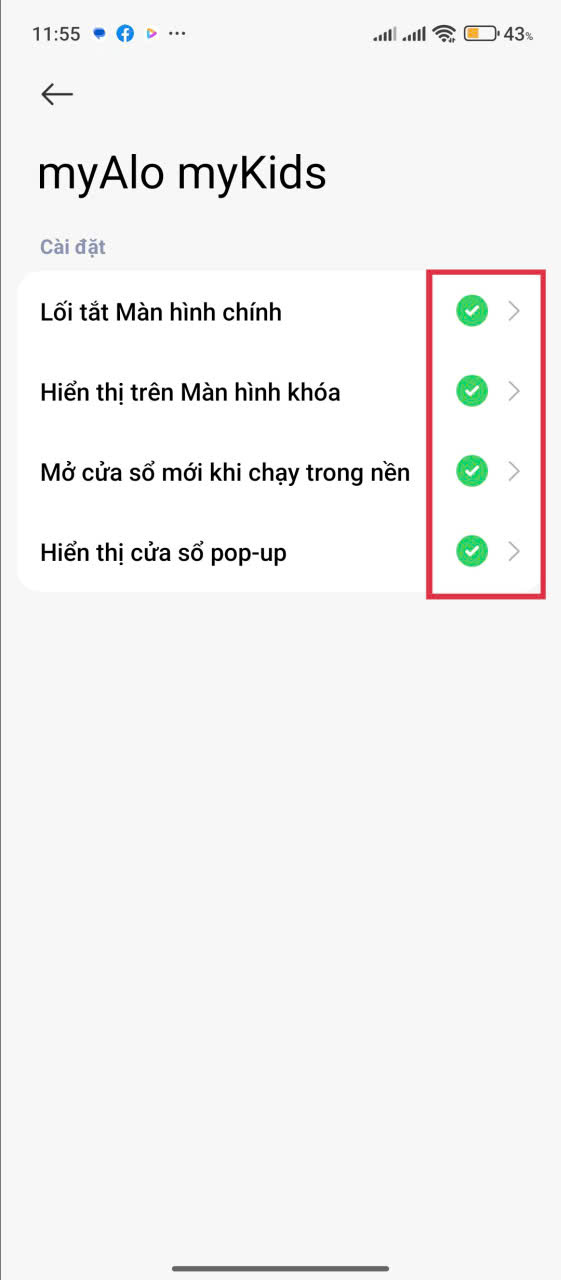 Cài đặt quyền cho ứng dụng myAlo myKids trên điện thoại Android