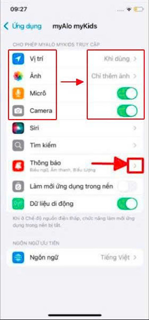 Cài đặt quyền cho ứng dụng myAlo myKids trên iPhone