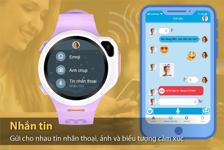 đồng hồ định vị trẻ em, đồng hồ thông minh trẻ em myALO K84 có chức năng chat, giúp bạn và người giám hộ dễ dàng giao tiếp 2 chiều với trẻ bằng tin nhắn thoại, ảnh chụp và biểu tượng cảm xúc emoji.