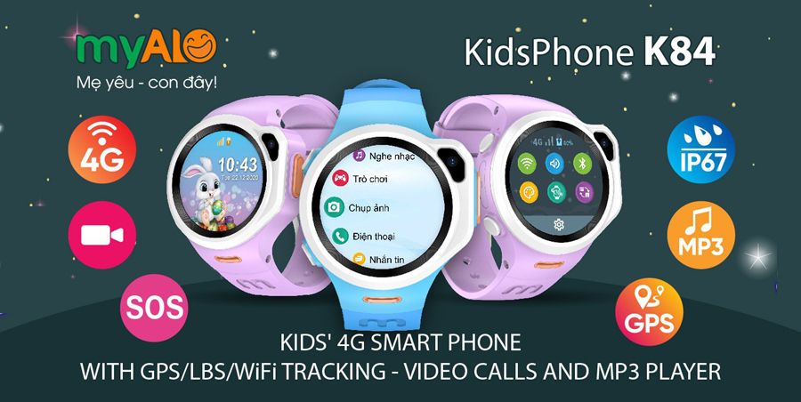 đồng hồ định vị trẻ em, đồng hồ thông minh trẻ em myALO K84 là điện thoại thông minh android 4G thu nhỏ đeo trên tay trẻ