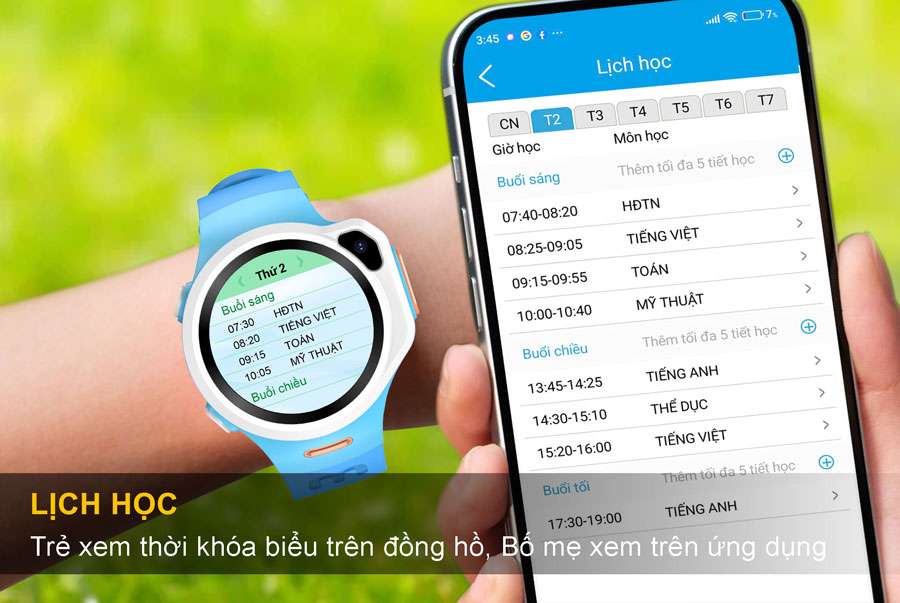 Trẻ xem thời khóa biểu trên đồng hồ K84, còn bố mẹ xem lịch học trên ứng dụng